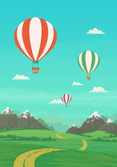 Hot air balloons flying over green meadows with dirt road and trees, snowy mountains with bright blue sky and clouds in the background. Summer landscape cartoon illustration, vector banner. 