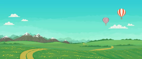 Fotobehang Heteluchtballonnen vliegen over groene weiden met wilde bloemen, onverharde weg en bomen, besneeuwde bergen met heldere blauwe lucht en wolken op de achtergrond. Zomer landschap cartoon afbeelding, vector. © Tatiana Zhzhenova