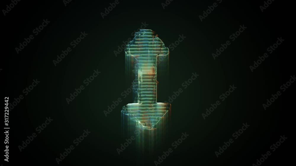 Poster 3d rendering glowing hologram of symbol of double side vertical arrow distorted glitch green old tv 