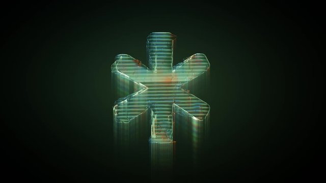 3d rendering glowing hologram of symbol of asterisk distorted glitch green old tv screen on black background