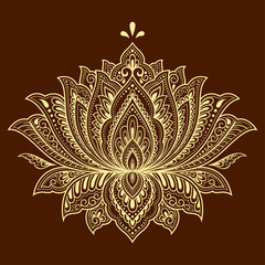 Lotus mehndi flower pattern for Henna drawing and tattoo. Decoration in oriental, Indian style. Doodle ornament. Outline hand draw vector illustration.