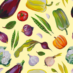 Vegetables seamless pattern. Food, vegetarianism. Hands drawn, gouache. Greens, cauliflower, tomatoes, eggplant, peas, peas, red peppers, beets, lettuce, carrots, garlic. Menu design elements, cafe.