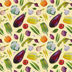 Vegetables seamless pattern. Food, vegetarianism. Hands drawn, gouache. Greens, cauliflower, tomatoes, eggplant, peas, peas, red peppers, beets, lettuce, carrots, garlic. Menu design elements, cafe.