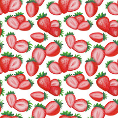 Hand Drawn Watercolor Strawberries Seamless Pattern. Red Berries Isolated on White Background