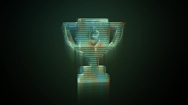 3d rendering glowing hologram of symbol of award cup with dollar sign distorted glitch green old tv screen on black background