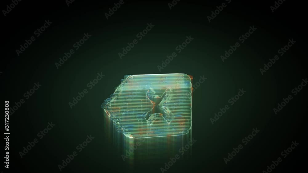 Poster 3d rendering glowing hologram of symbol of backspace button with cross distorted glitch green old tv