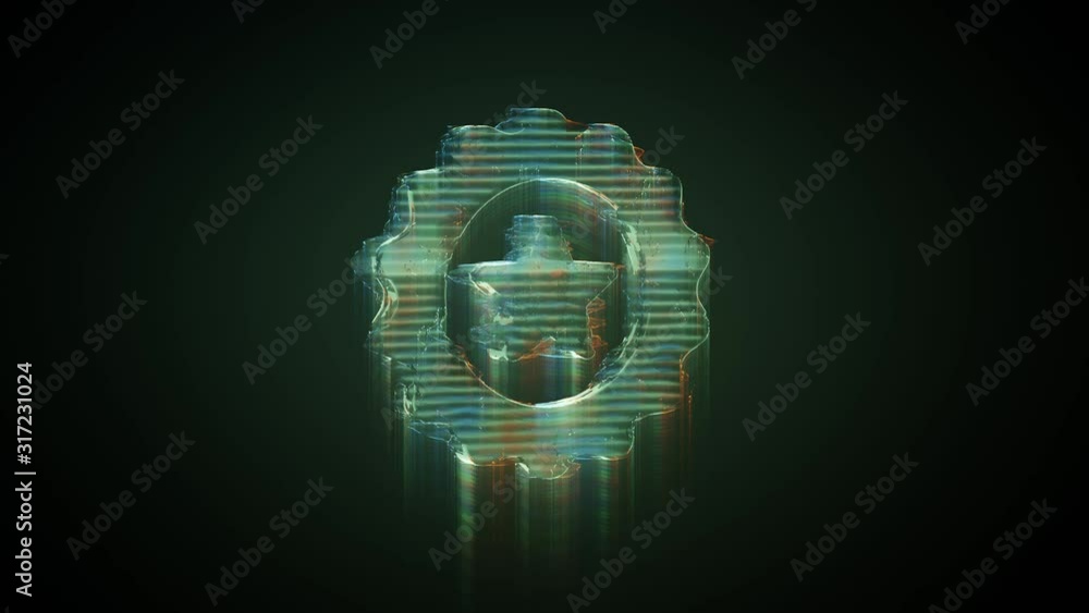 Poster 3d rendering glowing hologram of symbol of badge with start distorted glitch green old tv screen on 