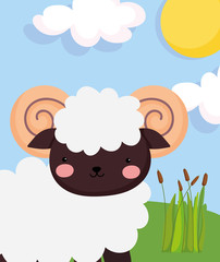ram plants grass sun clouds farm animal cartoon