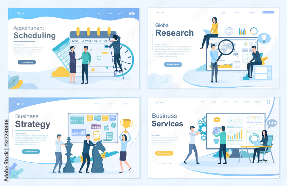 Poster businesspeople using different vector business applications and services - scheduling with calendar 