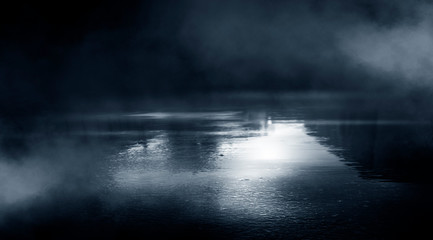 Fototapeta na wymiar Night futuristic landscape, cold night, smog, trees in the fog. Reflection of the light.