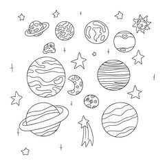 Space doodle vector elements. Hand drawn stars, comets, planets and moon in sky.Vector of hand draw set of space icon.Abstract solar system. Template.
