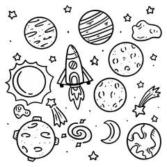 Space doodle vector elements. Hand drawn stars, comets, planets and moon in sky.Vector of hand draw set of space icon.Abstract solar system. Template.