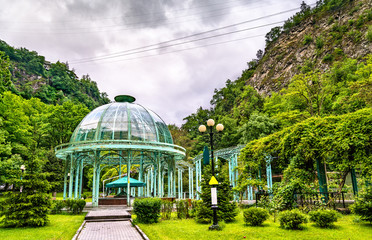 Fototapeta na wymiar The Mineral Water Pavilion in the Central Park of Borjomi, Georgia