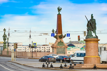 Fototapeta na wymiar Trinity bridge and obelisks on Bridge in day time. Saint Petersburg. Russia.