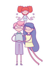 happy valentines day, flying cupid and young couple in love hearts