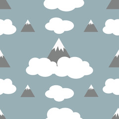 Seamless pattern with mountains, snow peaks and white clouds. Travel Cartoon vector illustration with snowy mountain peaks. Fashion design for baby kid bedroom. Abstract nature background.