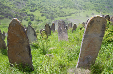 Medieval cemetery. Tazbichi village, Chechnya (Chechen Republic), Russia, Caucasus.