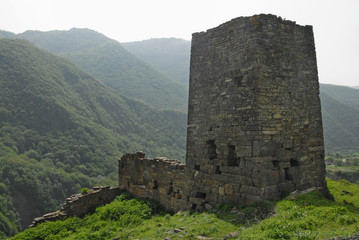 Medieval tower. Tazbichi village, Chechnya (Chechen Republic), Russia, Caucasus.