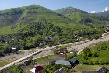 Rural landscape. Kharachoy village and Hulhulau river. Chechnya (Chechen Republic), Russia,...