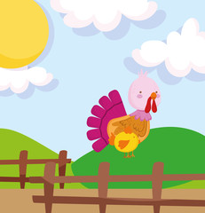 turkey chicken fence hill field sun farm animal cartoon