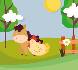 Obraz na płótnie Canvas horse and hen wooden fence flowers trees farm animal cartoon