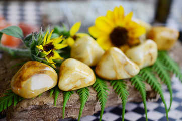 Large Tumbled Yellow Jasper! Creamy, yellow swirls. Beautiful intricate yellow jasper, great for detox and strength. Witches healing crystal. Vintage styled photo with lush colors, natural lighting. 