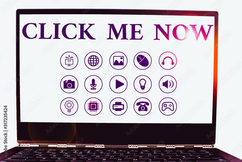 Aufkleber conceptual hand writing showing click me now. concept meaning internet helping desk press the button