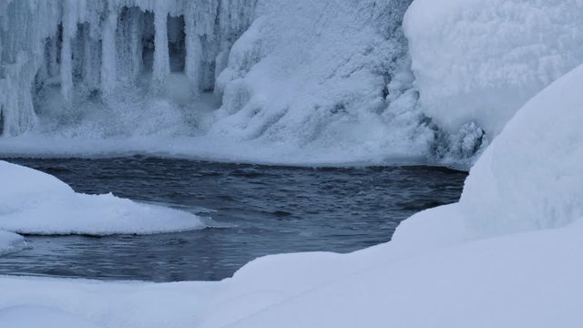 Video of ice icicles over frozen river Pescherka