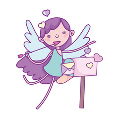 happy valentines day, cute cupid with hearts and mailbox letter