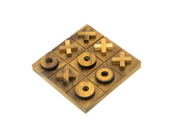 OX Wooden board game Tic Tac Toe cross on isolated white