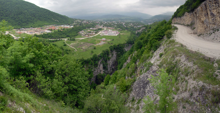 View at Shatoy town and Argun river gorge (canyon). Chechnya (Chechen Republic), Russia, Caucasus.