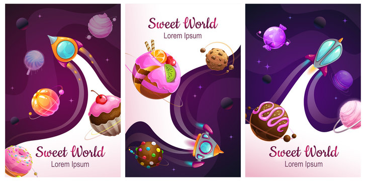 Sweet world posters set. Food planets on the space background.