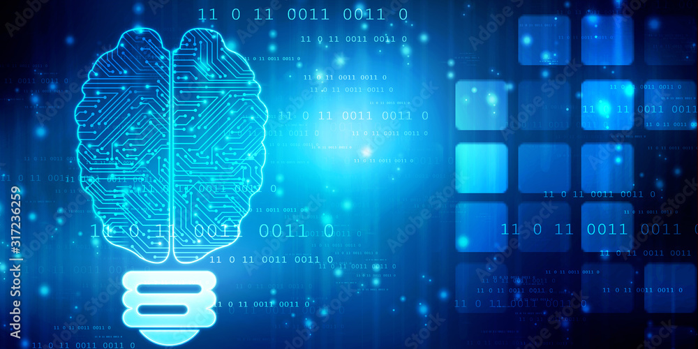 Poster 2d illustration concept of thinking, background with brain, abstract artificial intelligence. techno