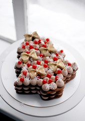 Christmas tree chocolate cake on the window