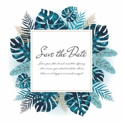 Colorful greeting card with exotic leaves. Vector poster or flyer