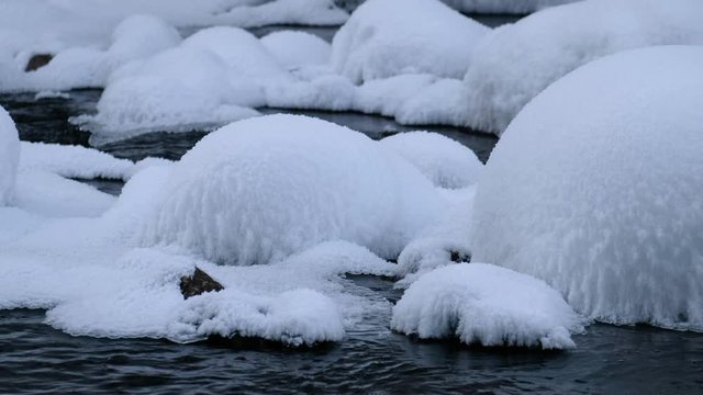 Stones with snow caps in the water of frozen river Pescherka in winter
