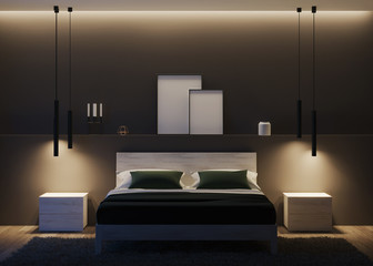 Modern house interior. Bedroom with dark walls and bright furniture. Night. Evening lighting. 3D rendering.