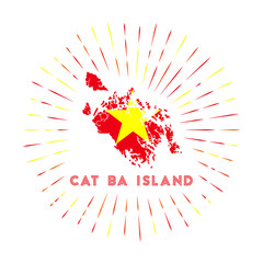 Cat Ba Island sunburst badge. The island sign with a map of Cat Ba Island with the Vietnamese flag. Colorful rays around the logo. Vector illustration.
