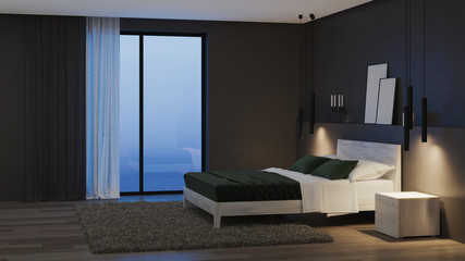 Modern house interior. Bedroom with dark walls and bright furniture. Night. Evening lighting. 3D rendering.