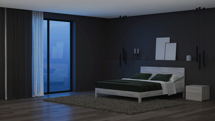 Modern house interior. Bedroom with dark walls and bright furniture. Night. Evening lighting. 3D rendering.