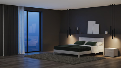 Modern house interior. Bedroom with dark walls and bright furniture. Night. Evening lighting. 3D rendering.