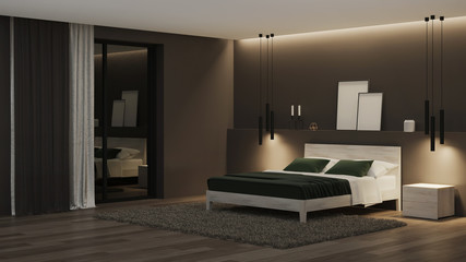 Fototapeta premium Modern house interior. Bedroom with dark walls and bright furniture. Night. Evening lighting. 3D rendering.
