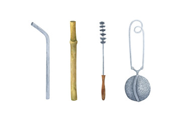 Reusable drinking tube, bamboo and metal. Reusable welding. The  Set of tools for drinking beverages.  Lifestyle with conscious consumption.  Watercolor illustration isolated on a white background.