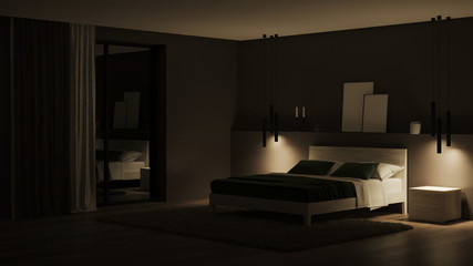 Modern house interior. Bedroom with dark walls and bright furniture. Night. Evening lighting. 3D rendering.