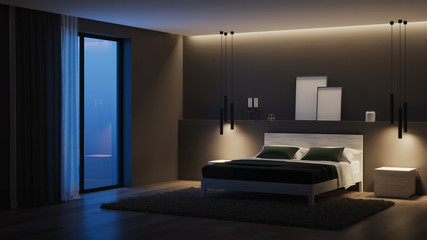Modern house interior. Bedroom with dark walls and bright furniture. Night. Evening lighting. 3D rendering.