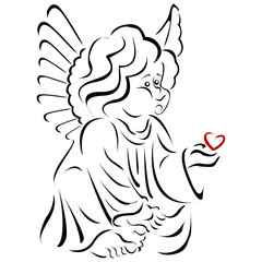 Obraz na płótnie Canvas Cute Cupid and an angel of love with a heart, wings, and feathers. Silhouette for Valentine's day, vector illustration.