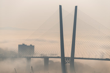 Obraz premium Cityscape daylight view. Fog over the city.