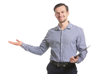 Male real estate agent showing something on white background