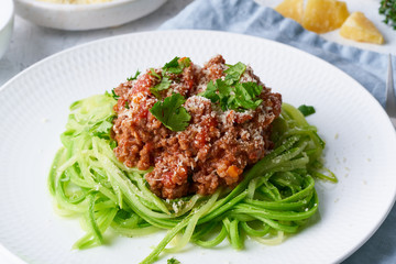 Keto pasta Bolognese with mincemeat and zucchini noodles, fodmap, lchf, low carb, ketogenic diet.