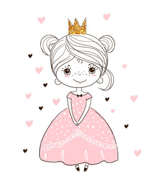 Little princess in a crown and a beautiful dress. Fairytale girl. Poster for the nursery, postcard, invitation. Cartoon sketch, vector illustration